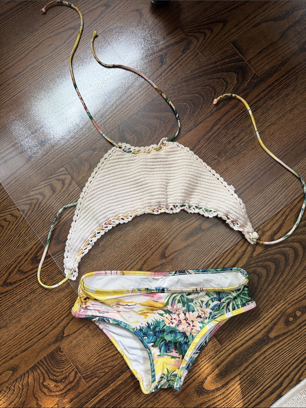 Zimmermann Girls Crochet Halter Top with Tropical Print Bikini Bottoms